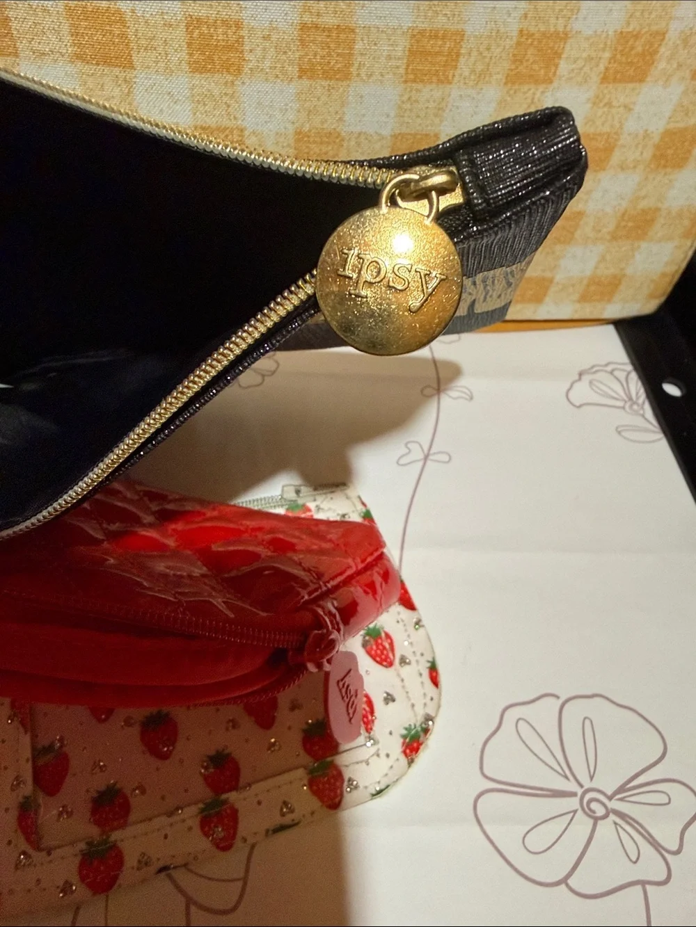Bundle of 3 wild geo, Red Quilted Cosmetic Pouch and Strawberry ID Card Coin Bag